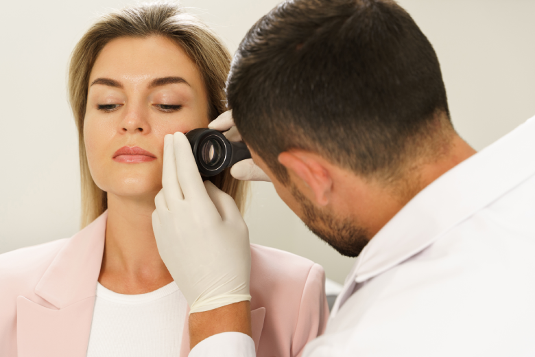 dermatologista examinando rosto de paciente